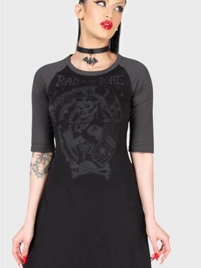 Killstar Black & Charcoal Raglan Graphic Tee Dress - 'Bad to the Bone'